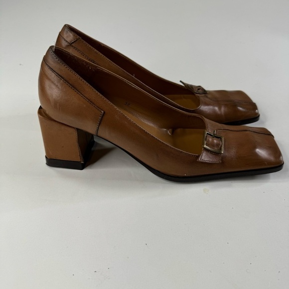 Blay Square Toe Brown Leather Pumps Size 38 - Picture 1 of 11
